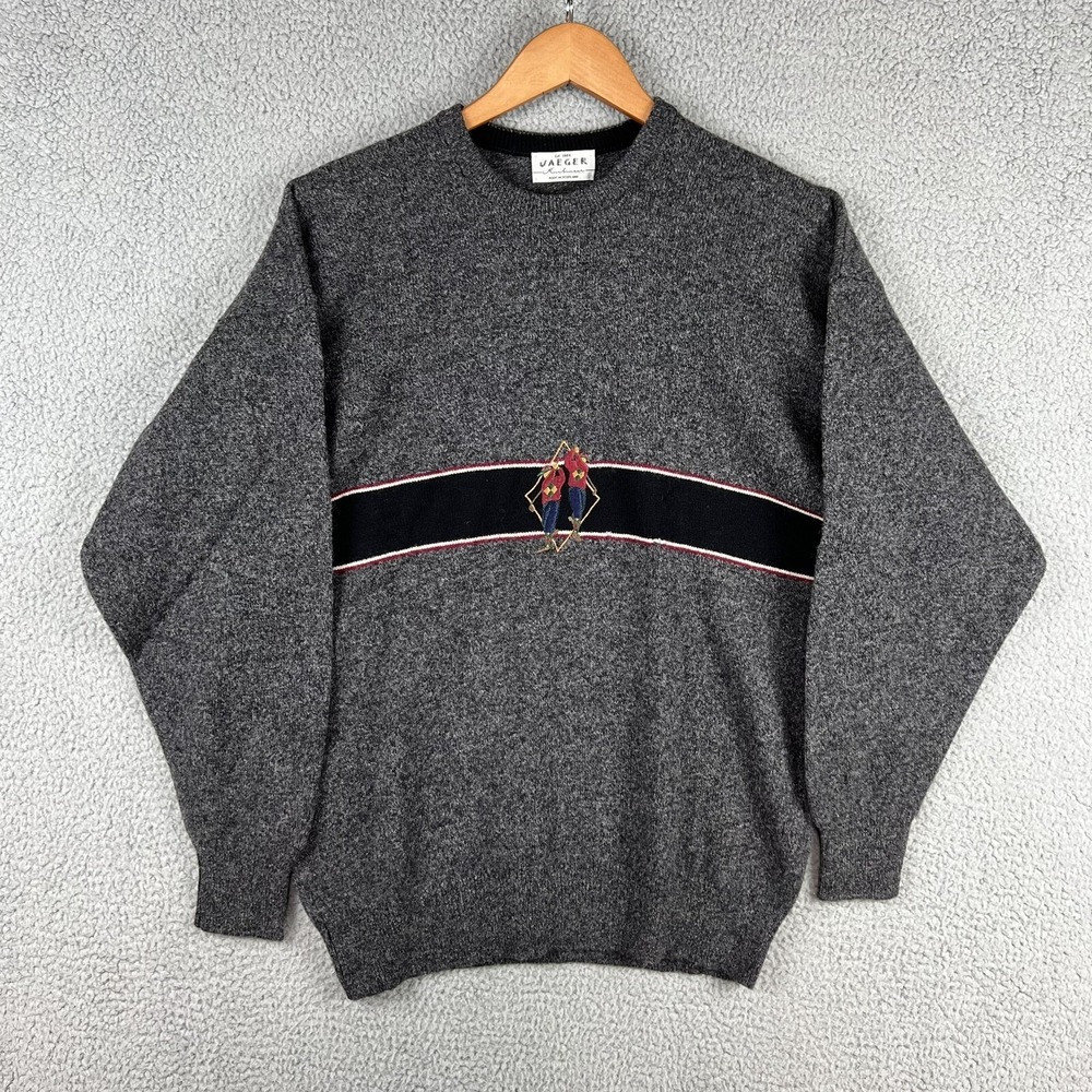 Jaeger Sweater Mens 42 in Grey 100% Lambswool Golfer Embroidered Scotland VTG‎